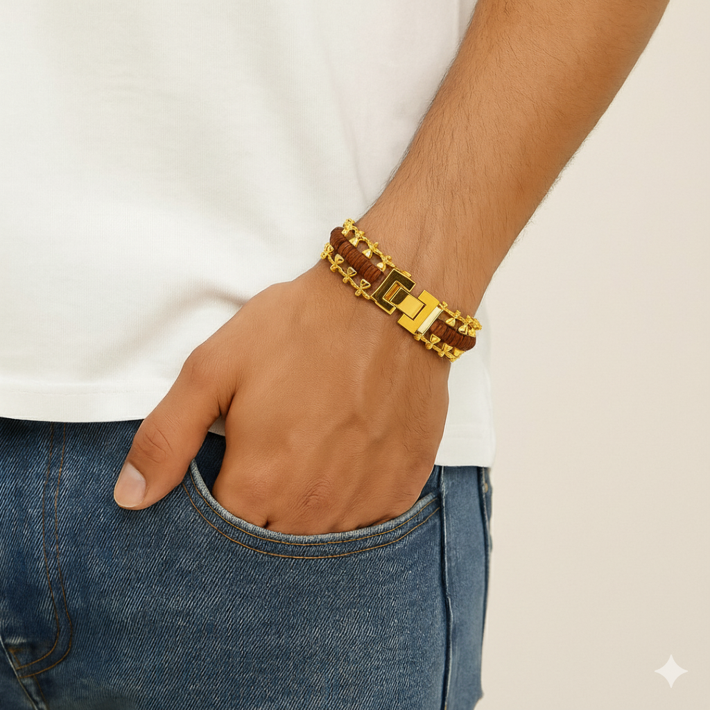 100% Natural 5 Mukhi Rudraksha Bracelet with Gold-Plated Metal Modern Design | Spiritual Energy, Protection & Meditation