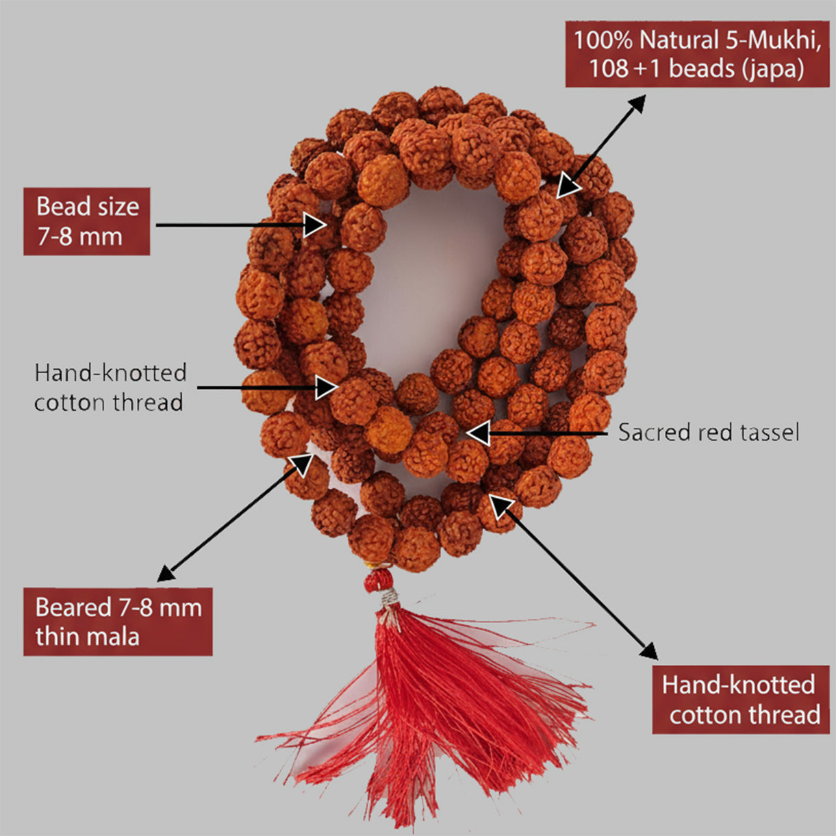 100% Natural 5 Face Rudraksha Mala 8mm – With Lab Testing Certificate | Original Panchmukhi Rudraksh Mala (108+1 Beads)