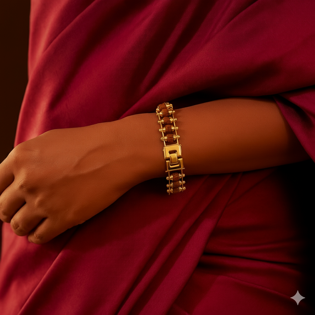 100% Natural 5 Mukhi Rudraksha Bracelet with Gold-Plated Metal Modern Design | Spiritual Energy, Protection & Meditation