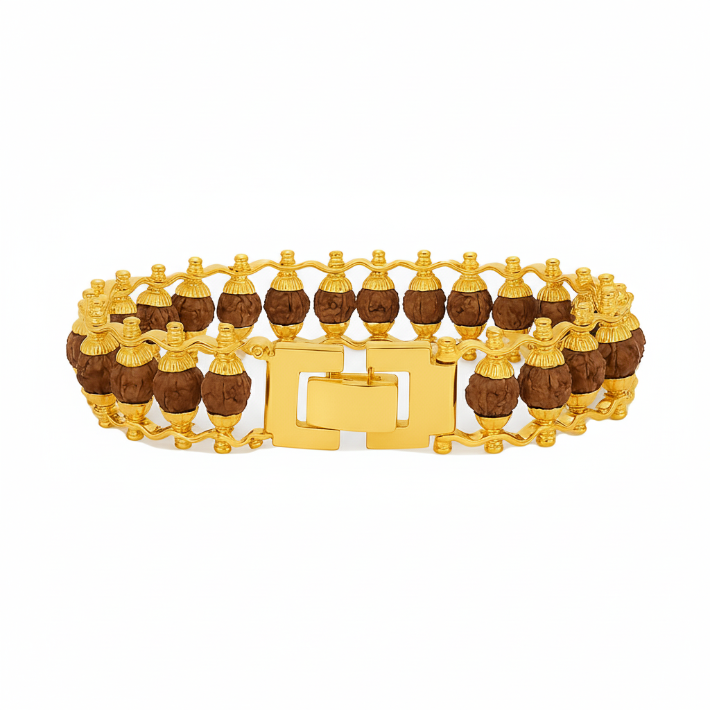 100% Natural 5 Mukhi Rudraksha Bracelet with Gold-Plated Metal Modern Design | Spiritual Energy, Protection & Meditation