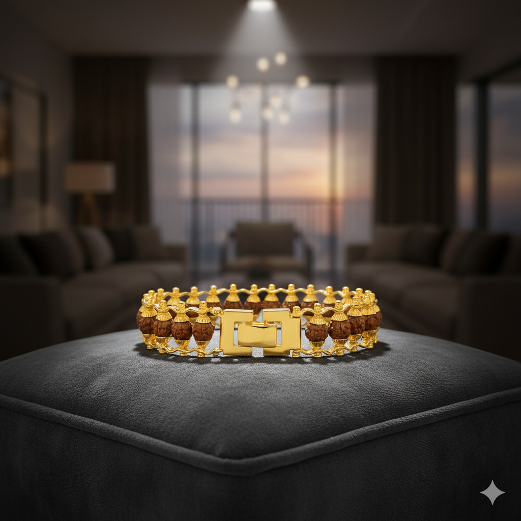 100% Natural 5 Mukhi Rudraksha Bracelet with Gold-Plated Metal Modern Design | Spiritual Energy, Protection & Meditation